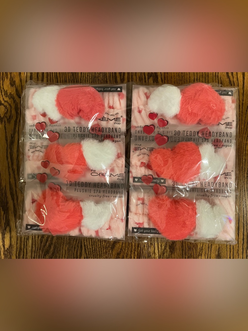 Set of SIX Plush Pink Heart Pom Spa Headband